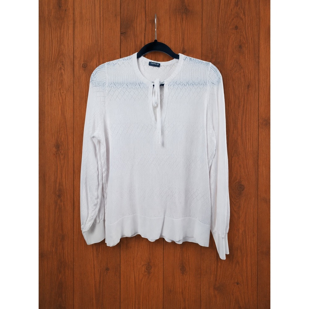 Womens Torrid White Pointelle Open Knit Tie Neck Sweater Size 1 XL